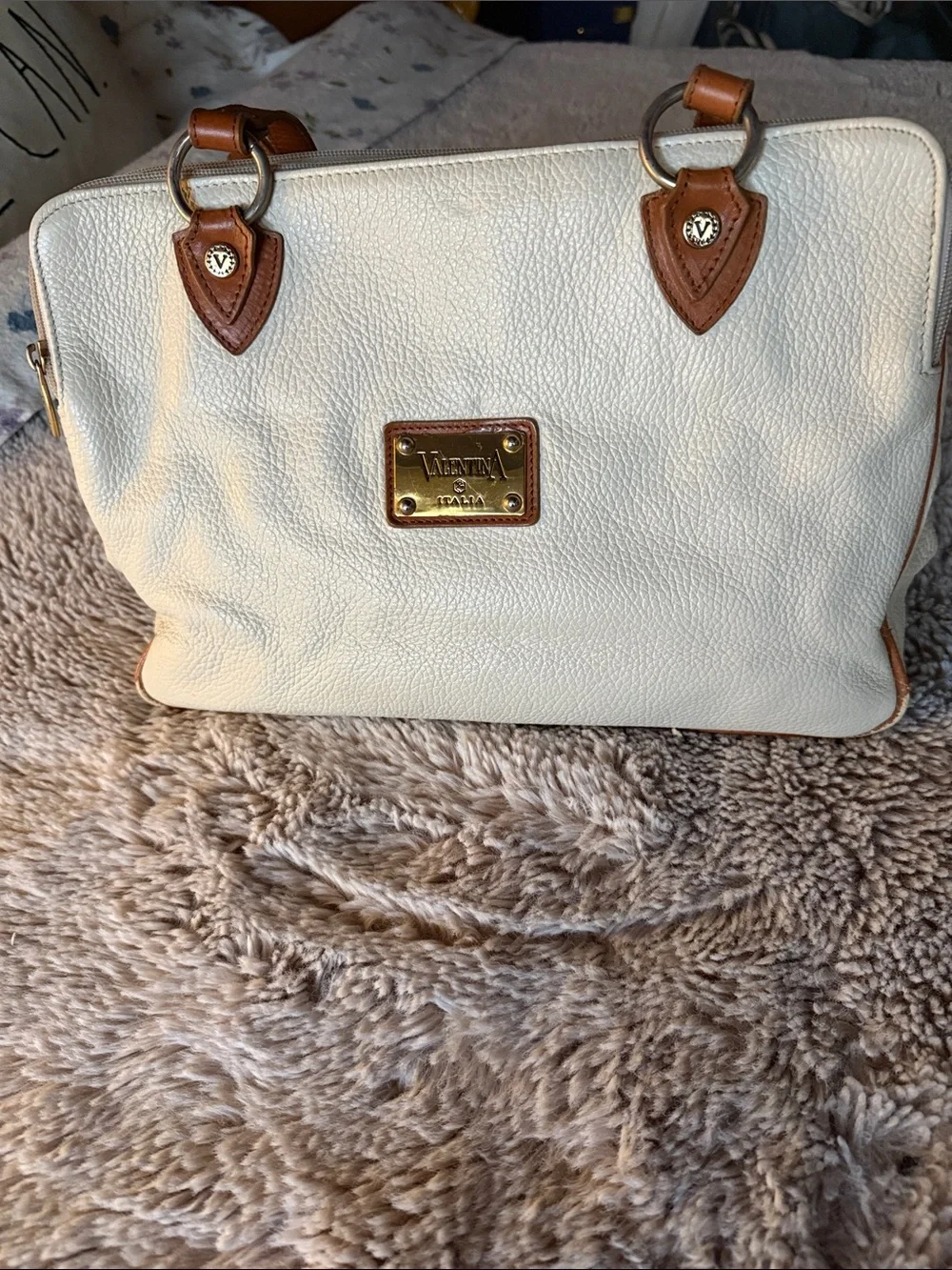 Valentina Cream Satchel with Tan Accents and Gold Plate